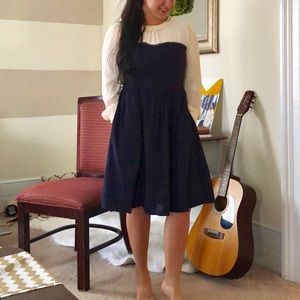 Navy and white polka dot dress with pockets